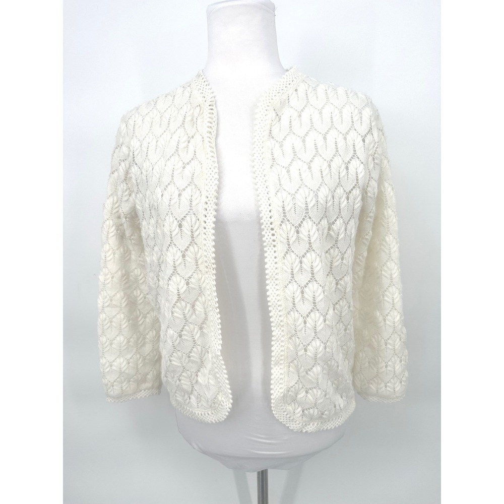 Vintage Millay Cardigan Women M White Crochet Lace Knit Made Japan Coquette Boho
